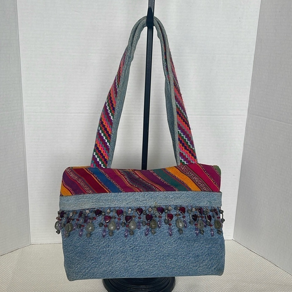 Handmade Denim Shoulder Bag Beads Boho Hot Pepper Interior Festival Snap Closure